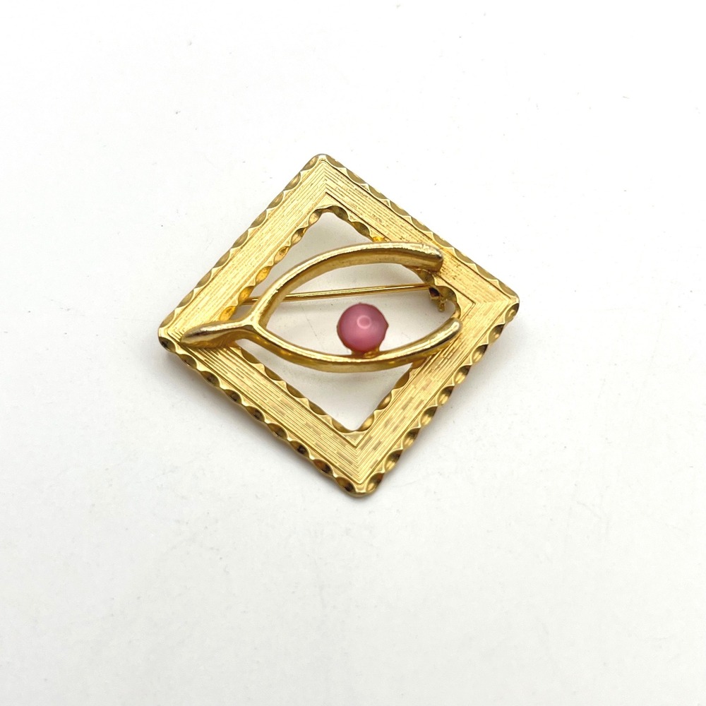 Vintage Gold Tone Wishbone Geometric Diamond Brooch Pink Faux Pearl Pin